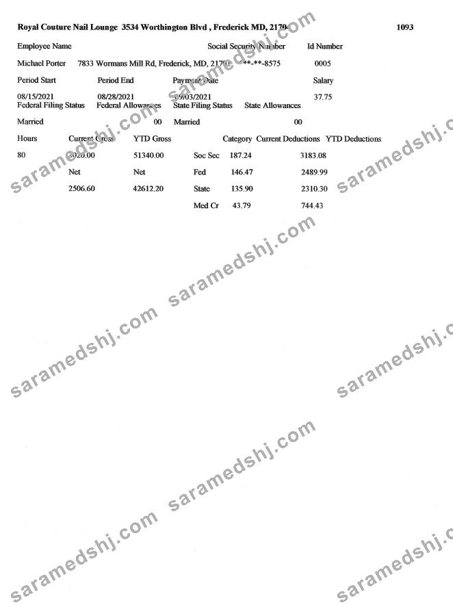 ROYAL COUTURE NAIL LOUNGE pay stub in PDF and Word format